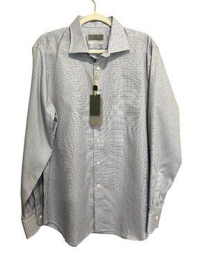 Canali Mens Neck Size 17" Dress Shirt Impeccabile Checkered Blue Gray Italy NEW